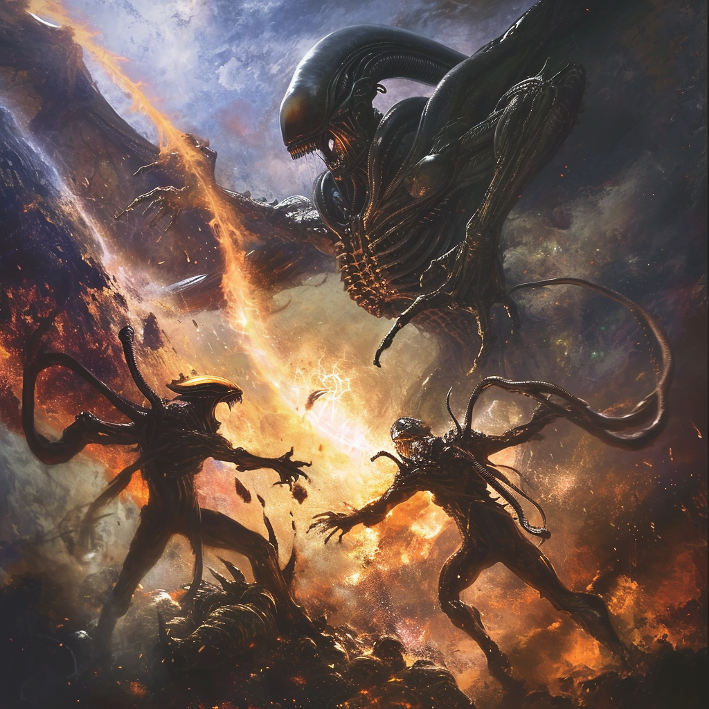 Aliens fighting demons stock photo