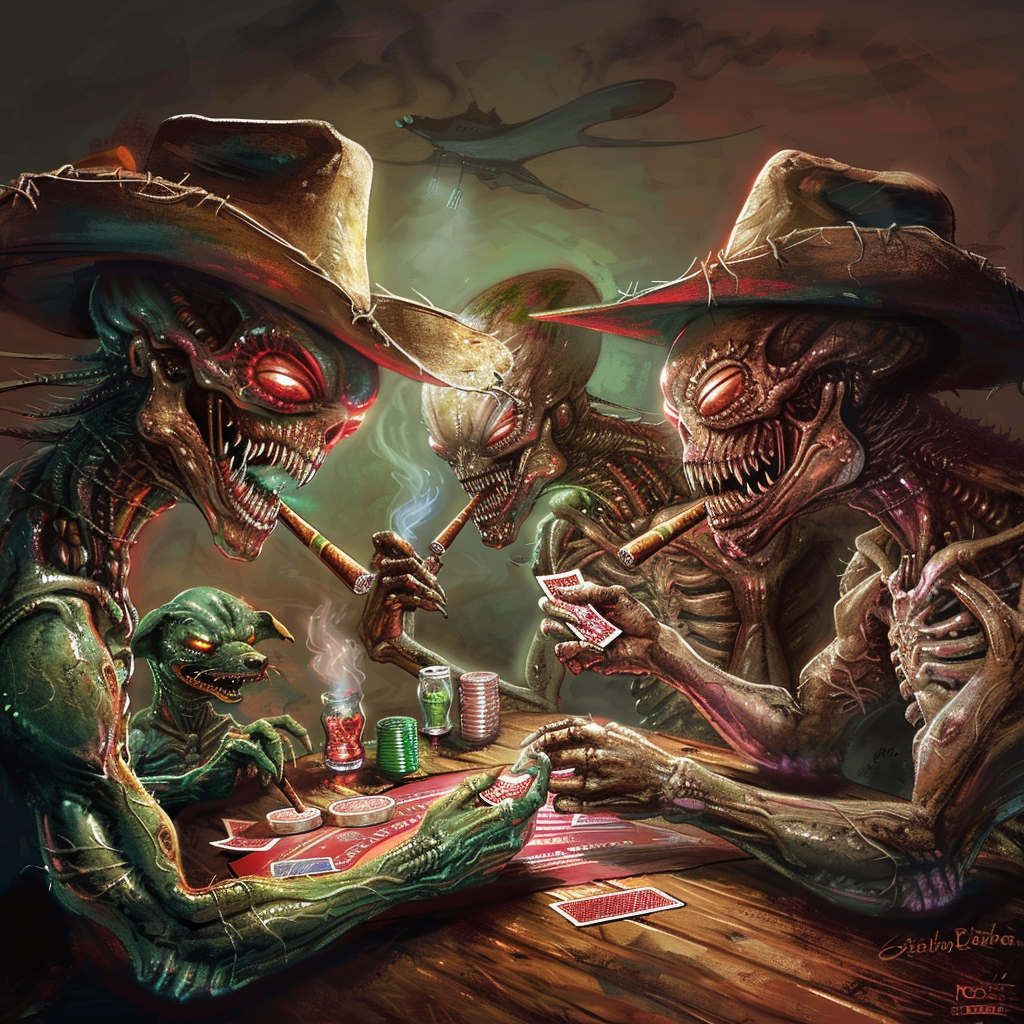 Aliens playing poker cowboy hats