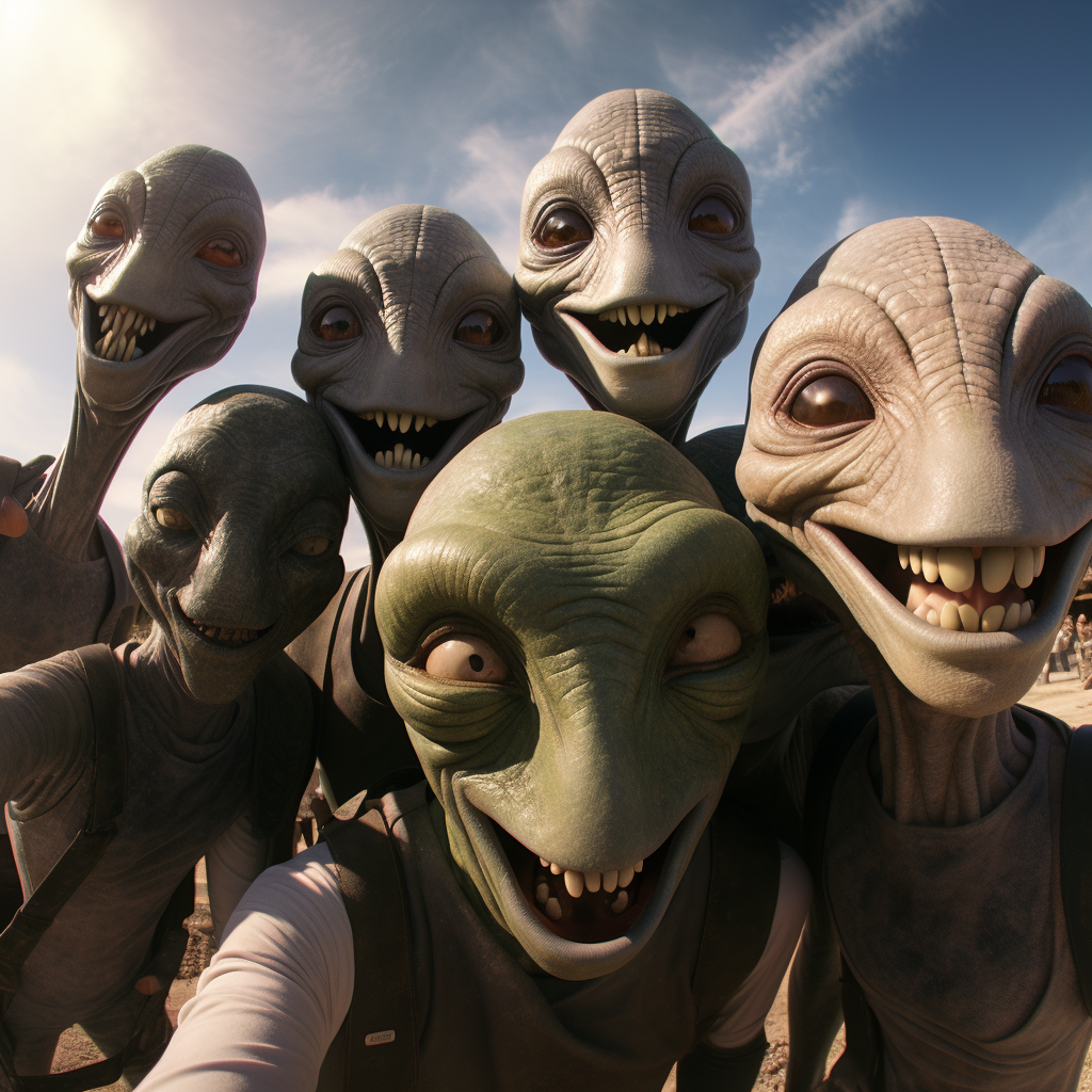 Group of aliens taking a selfie on Earth