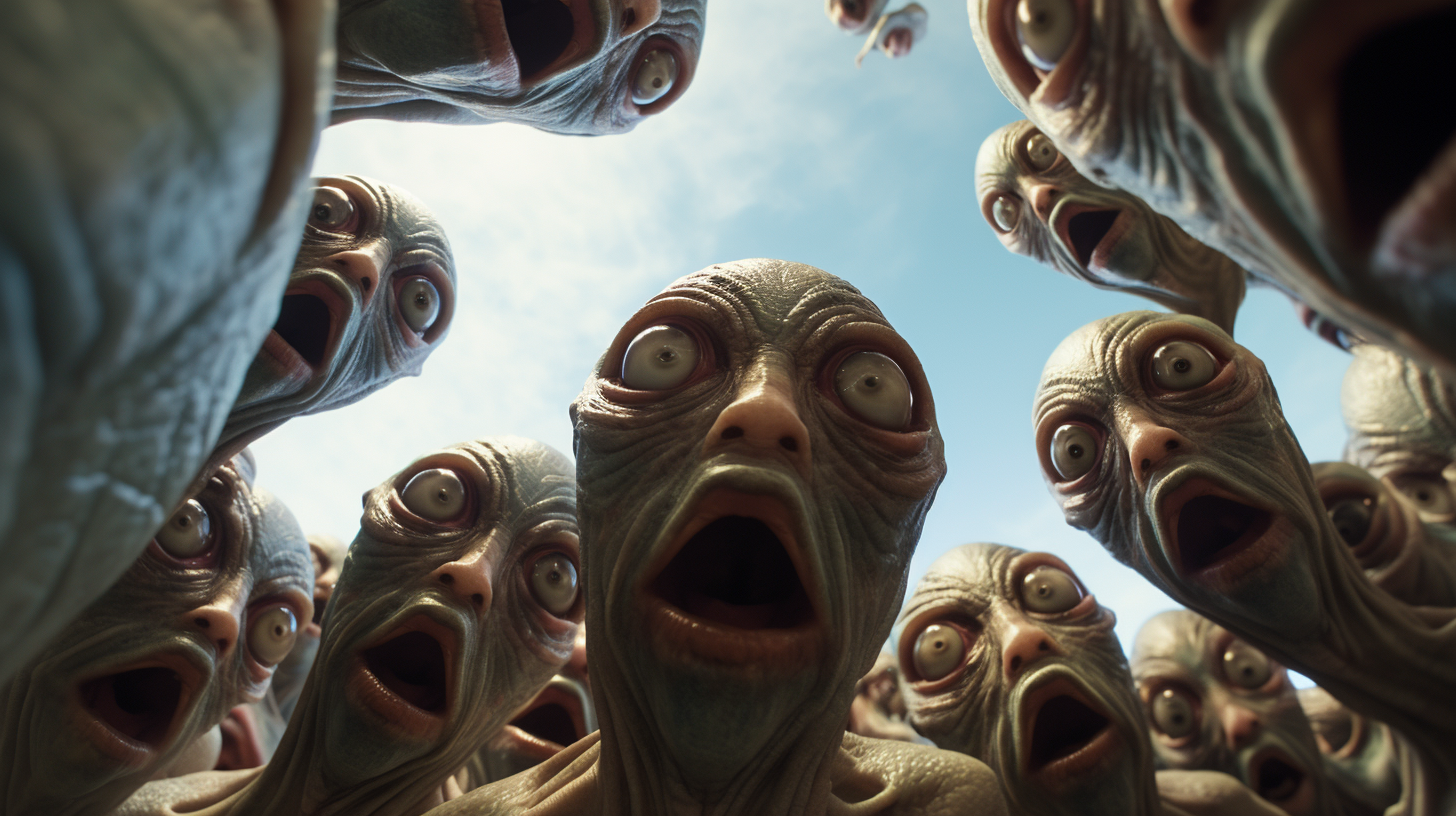 Group of Aliens Staring into Fisheye Lens