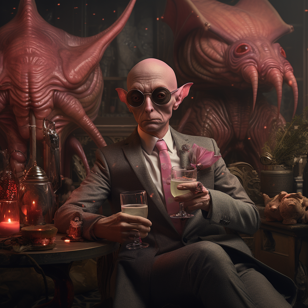 Stylish man enjoying wine with aliens