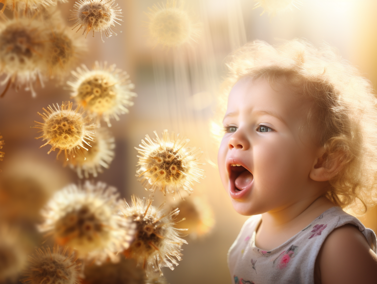 Child sneezing with allergens in background