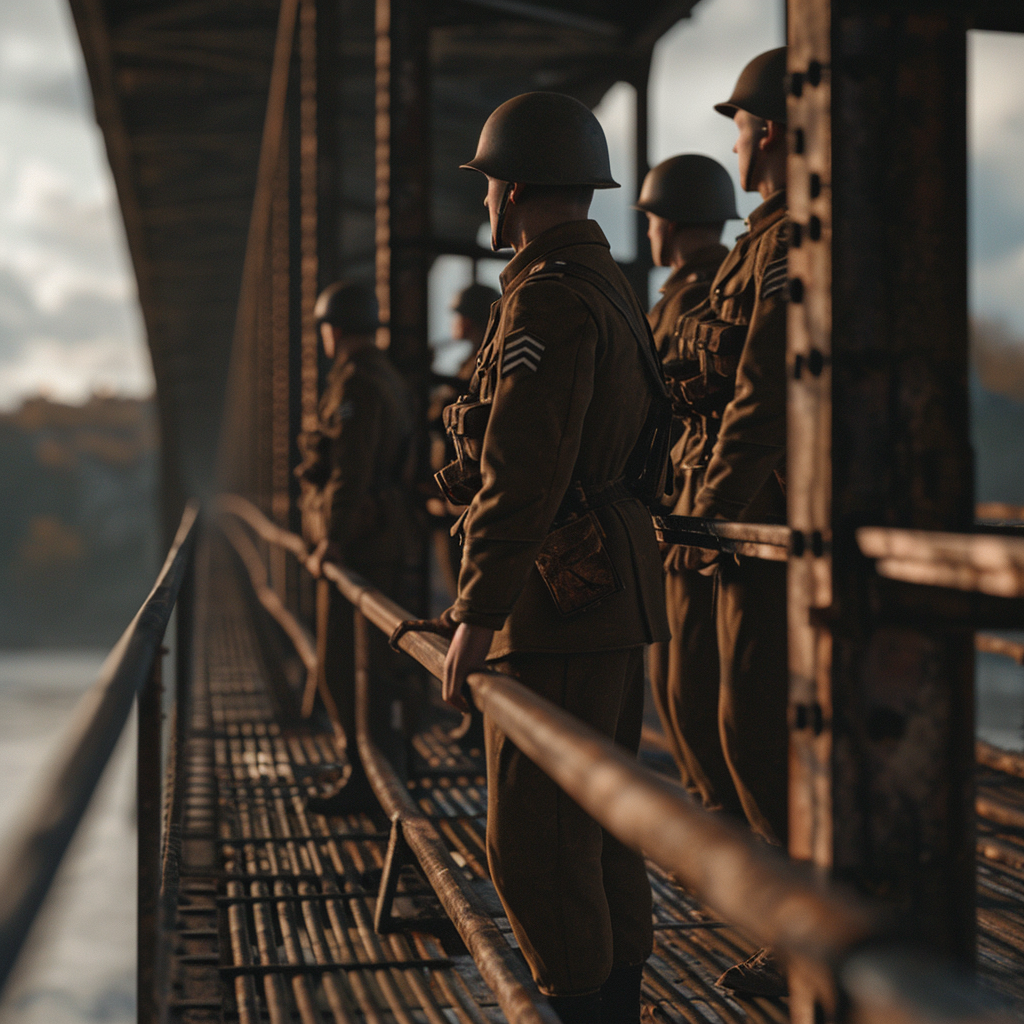 Photorealistic image of Allied soldiers on a bridge