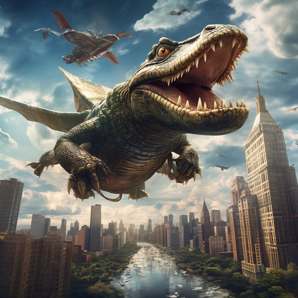 Alligator flying over New York skyline