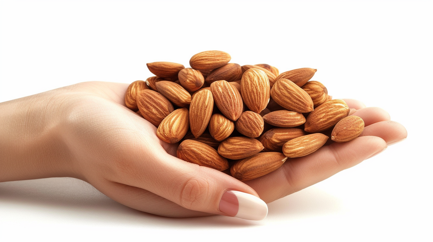 Female hand holding almonds