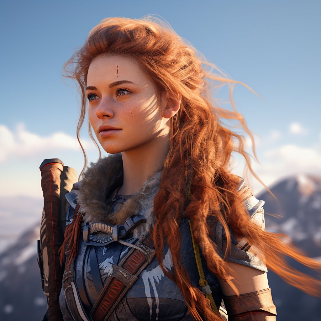 Photorealistic drawing of Aloy from Horizon Zero Dawn