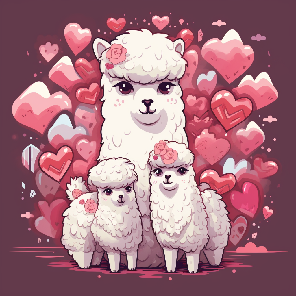 Adorable alpaca surrounded by hearts