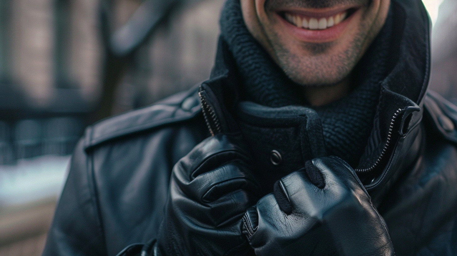 man wearing black leather gloves