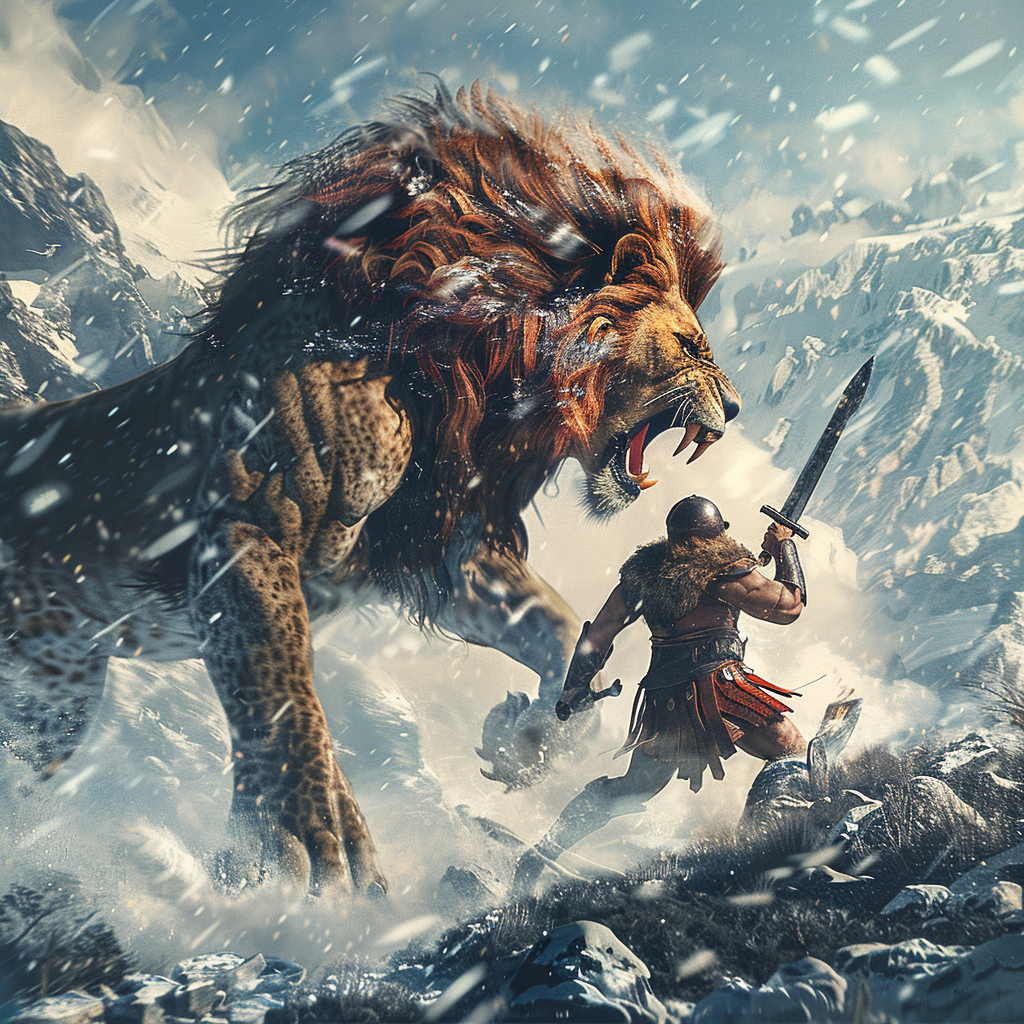 Spartan warrior fights lion snow mountains