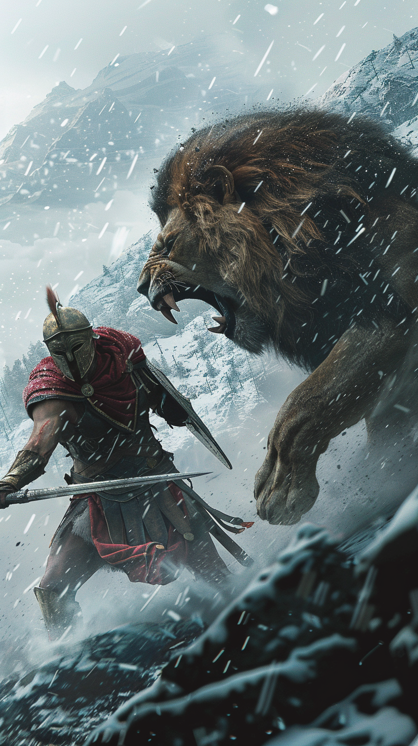 Spartan warrior fighting lion snowy mountain