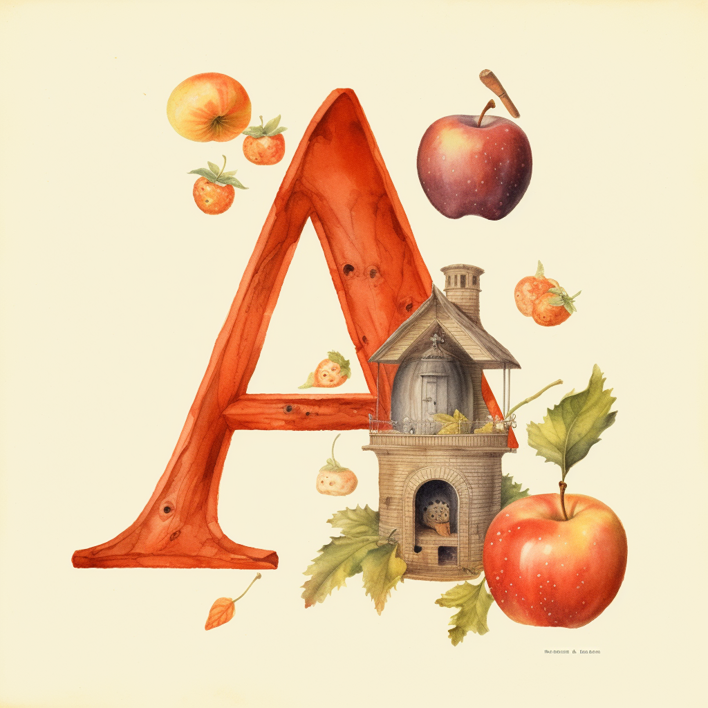 Illustration of letter A with apple and acorn