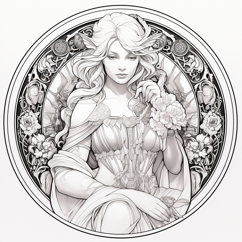 alphonse mucha inspired line art