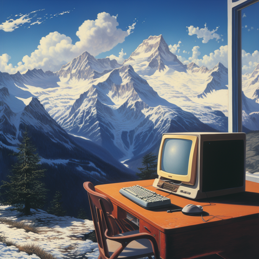 Computer advertisement in snow-covered alpine mountains