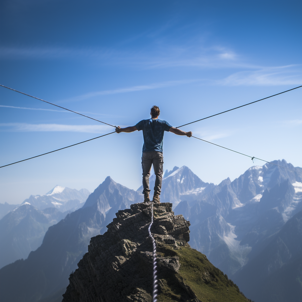 Man slacklining over majestic Alps