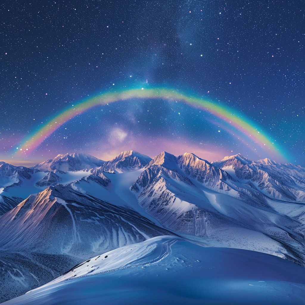 Altai Mountains at night with snow and rainbow