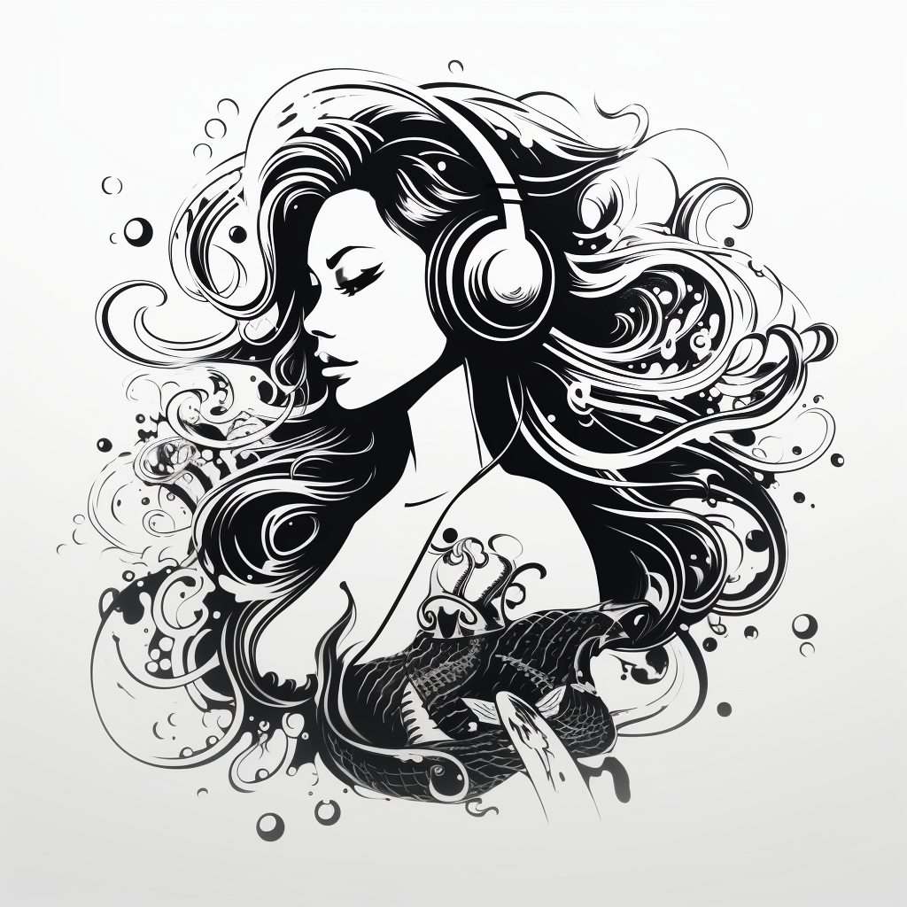 Realistic black and white alternative mermaid goddess music logo