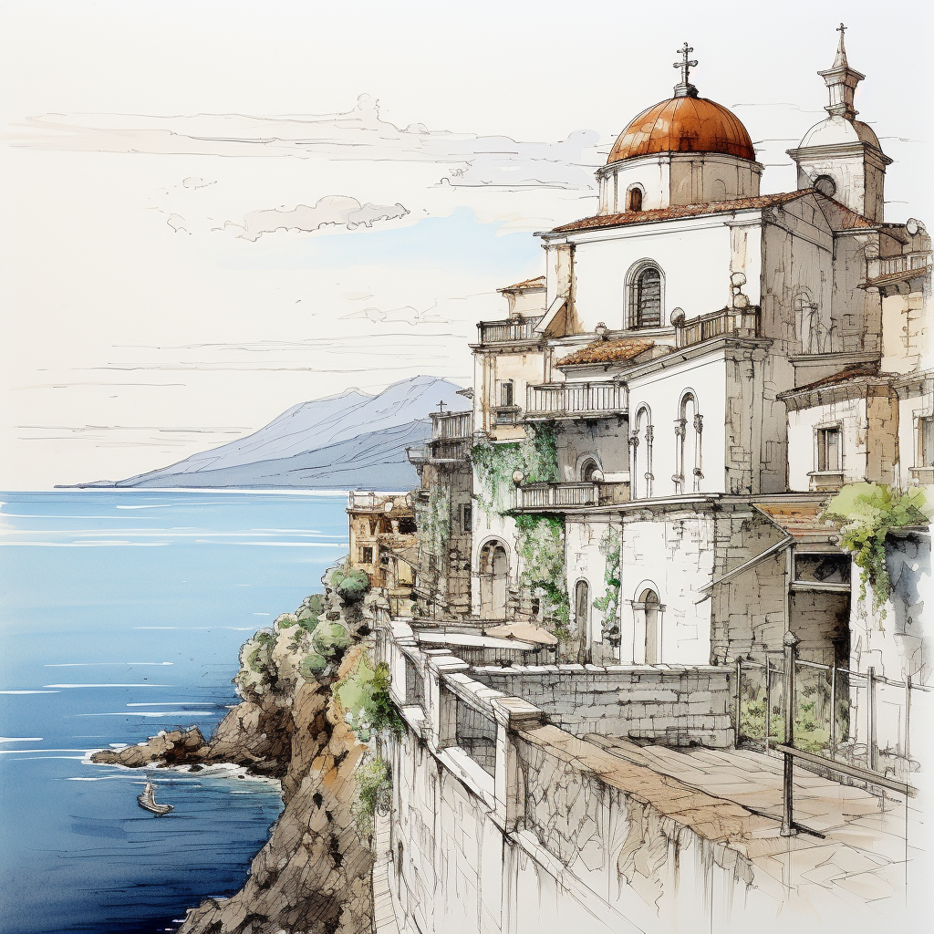 Amalfi coast village sea sketch