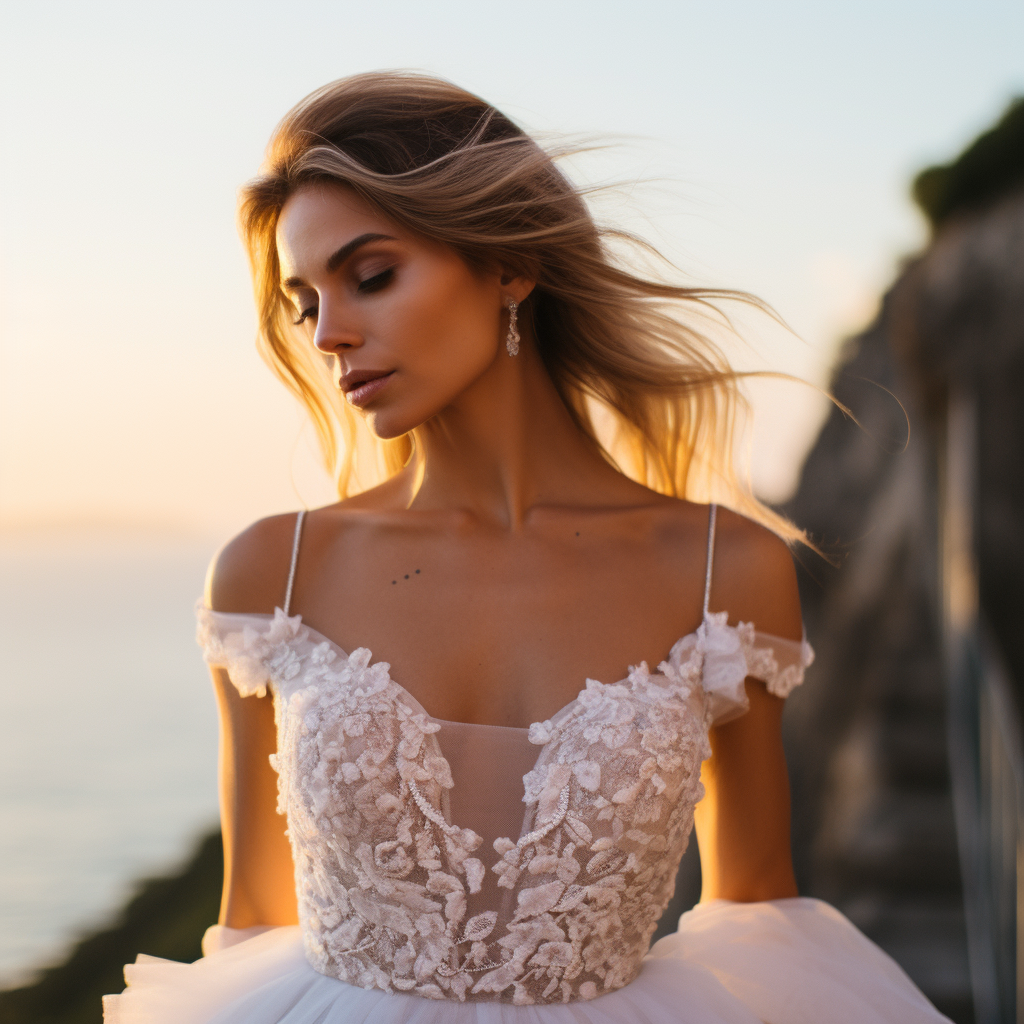 Beautiful bride on Amalfi Coast with sunset