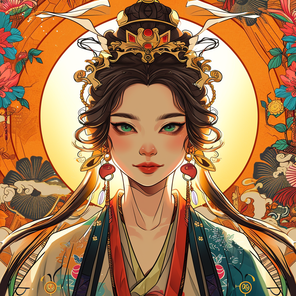 Asian sun goddess in Japanese folk clothing