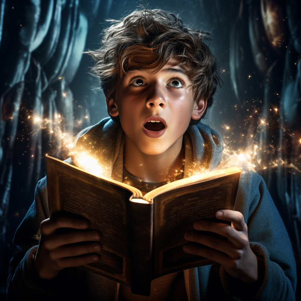 Teenage boy opening a book with light