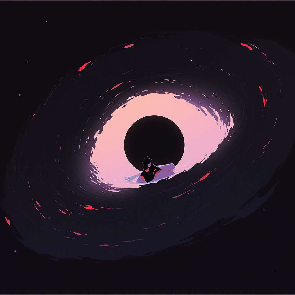 Woman in awe floating in black hole