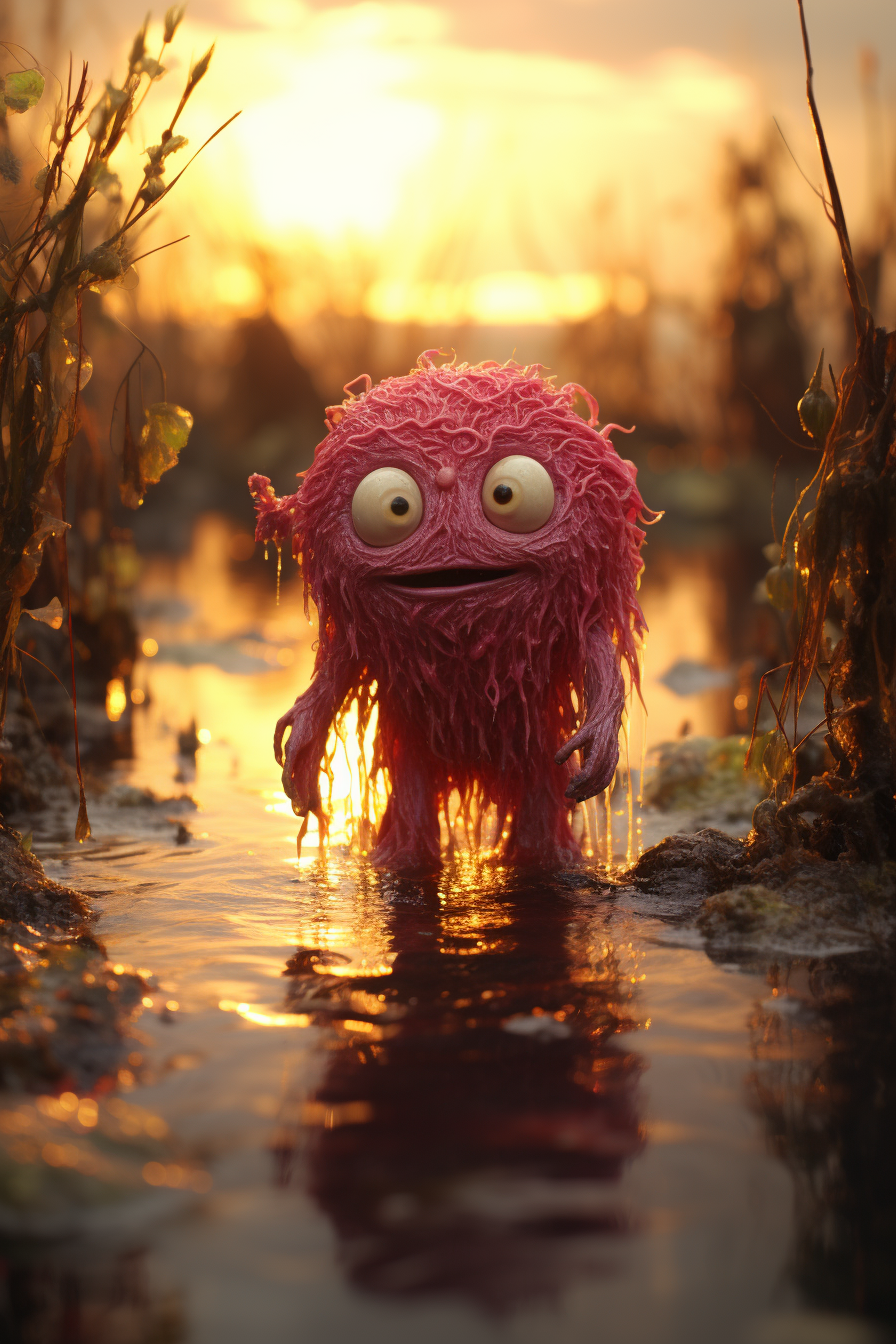 Majestic raspberry monster emerging from dark swamp