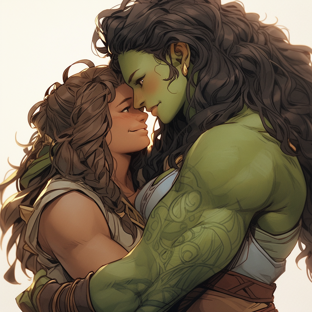 Muscular Amazonian Ogre girl kisses her cute human girlfriend