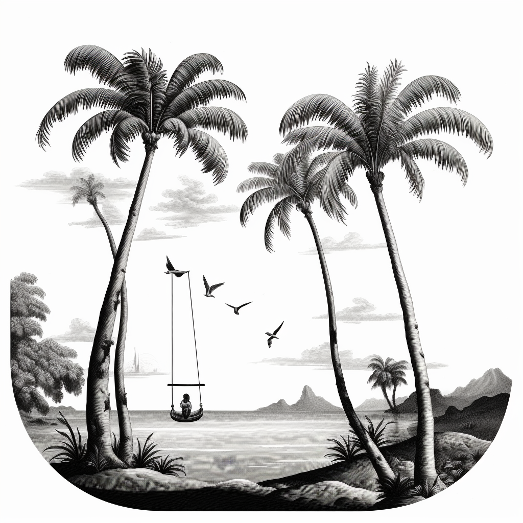 Black and white beach swing amidst palms