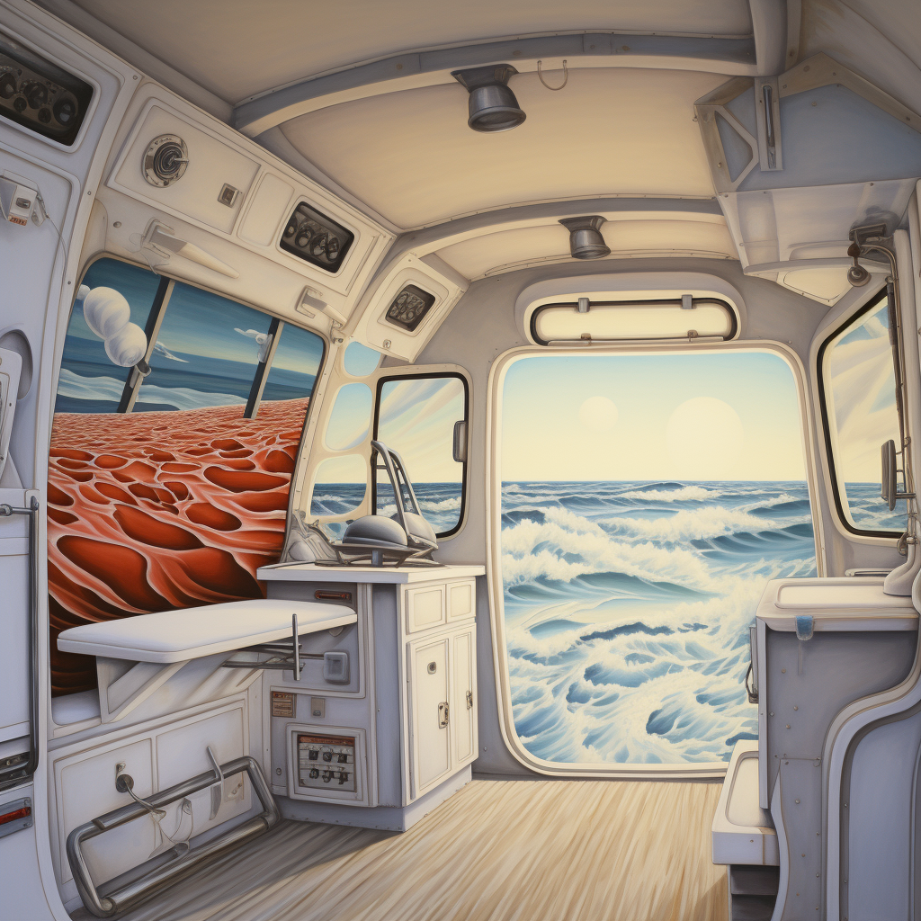 Trompe l'oeil of ambulance interior and seascape