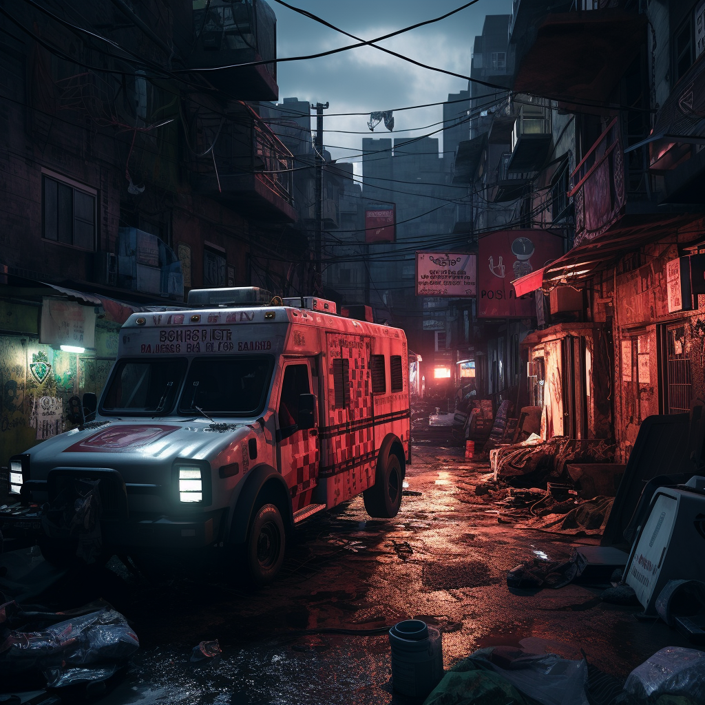 Ambulance with lights in slums streets