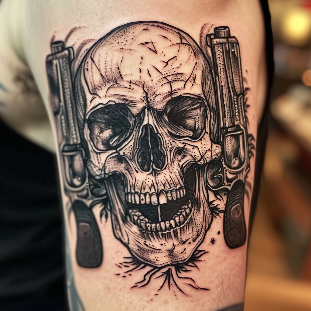 Iconic Americana Skull Tattoo with Guns