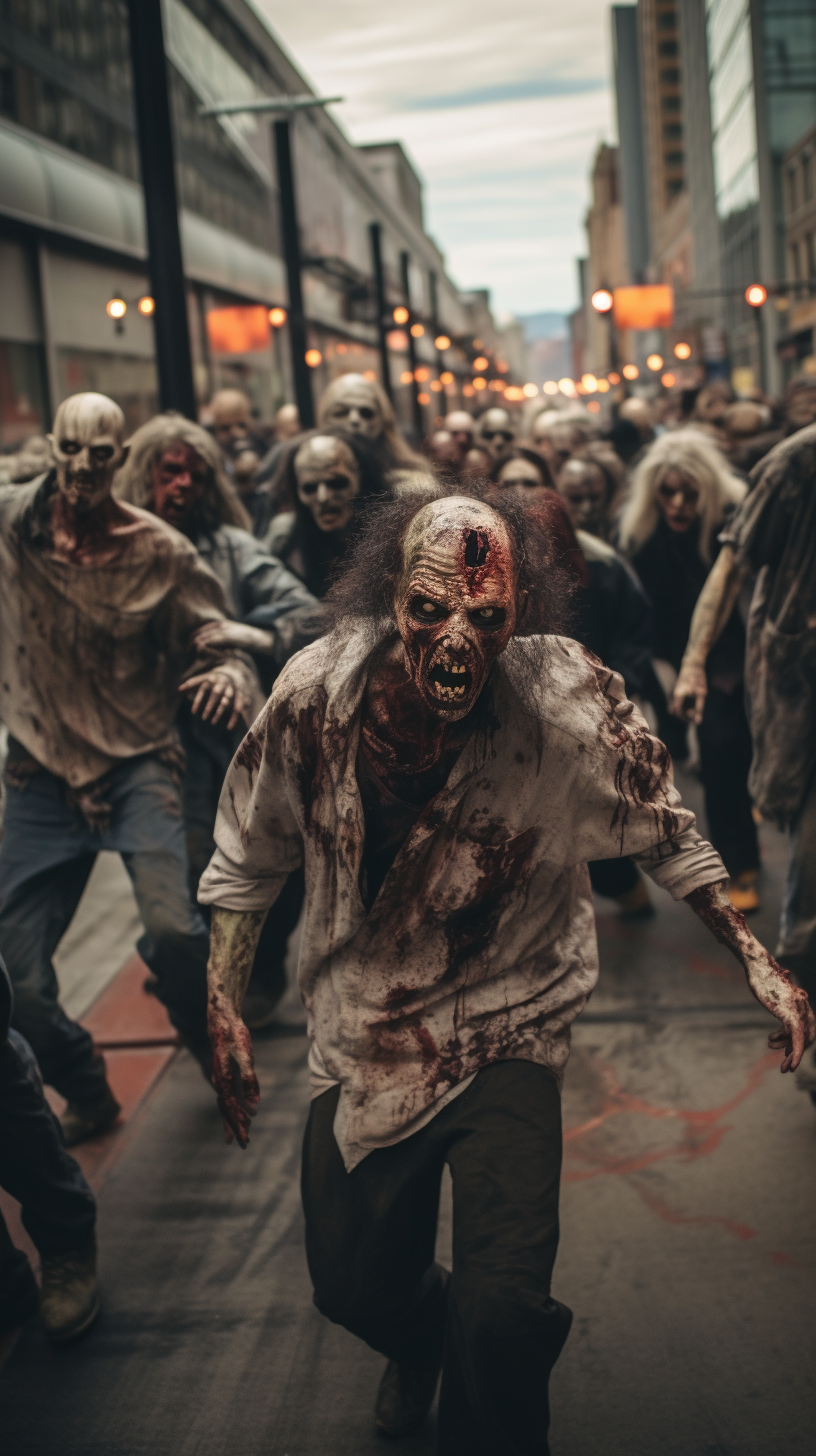Realistic zombies roam the city streets