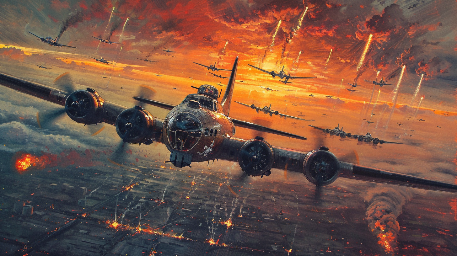 B17 Flying Fortress Bombers Formation at Sunset