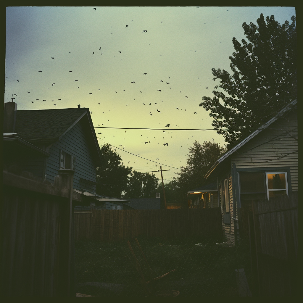 Analog photo of a rainy evening in an American backyard