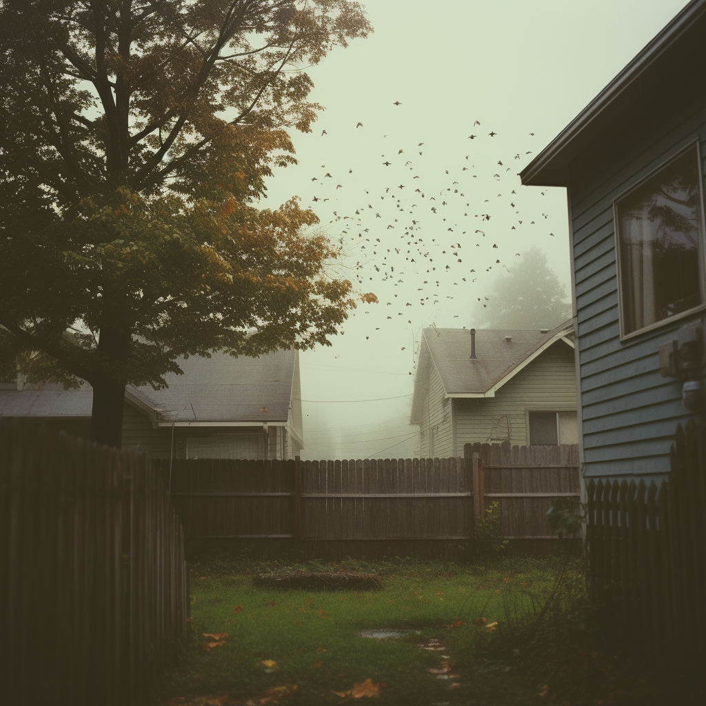 Analog photo of rainy American backyard with birds