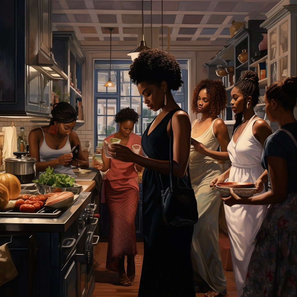 American black women shopping cooking in kitchen