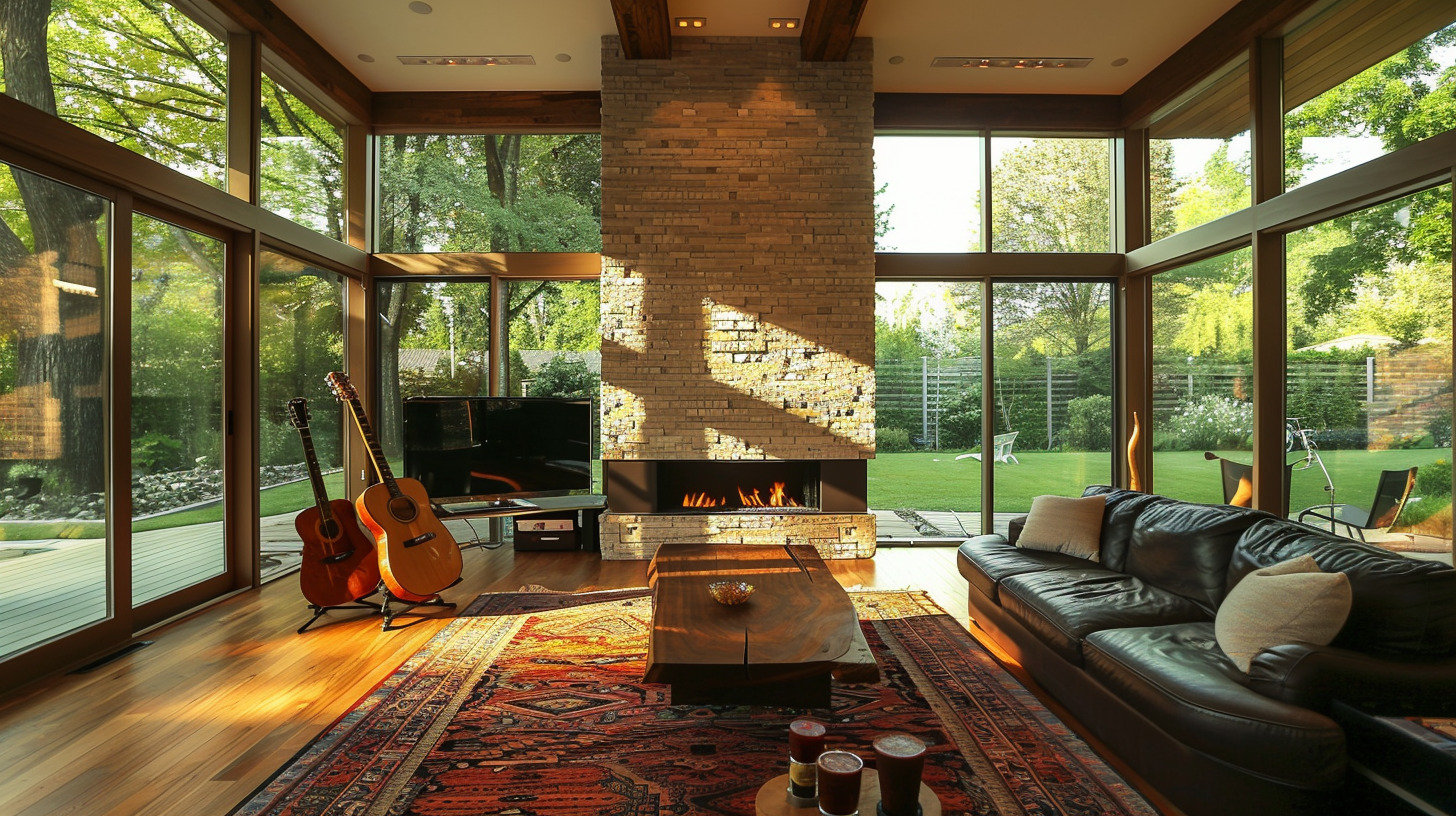 Country living room with fireplace and guitar