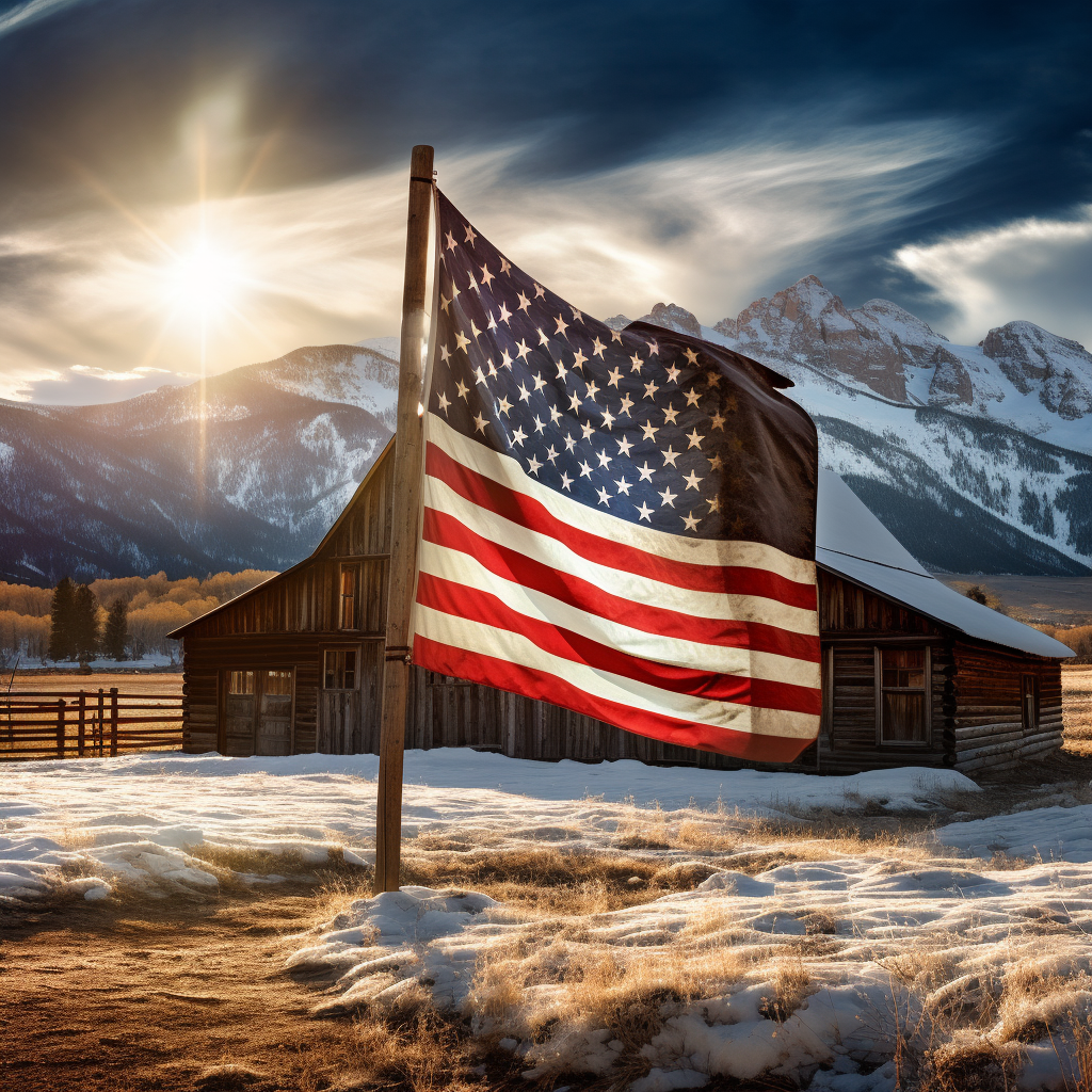 Beautiful American flag waving in front of barn