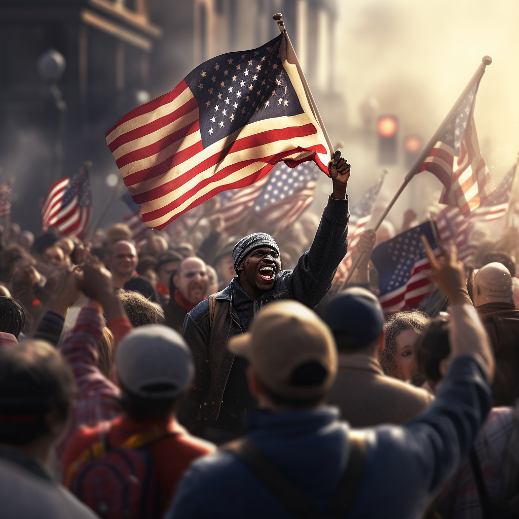 Crowd waving American flag at rally