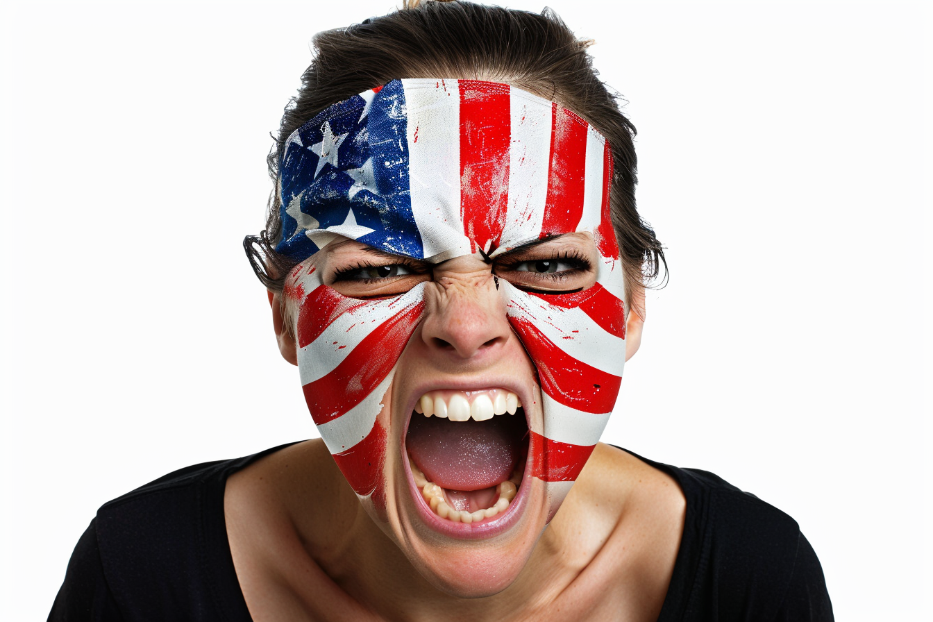 Female screaming with American flag face paint