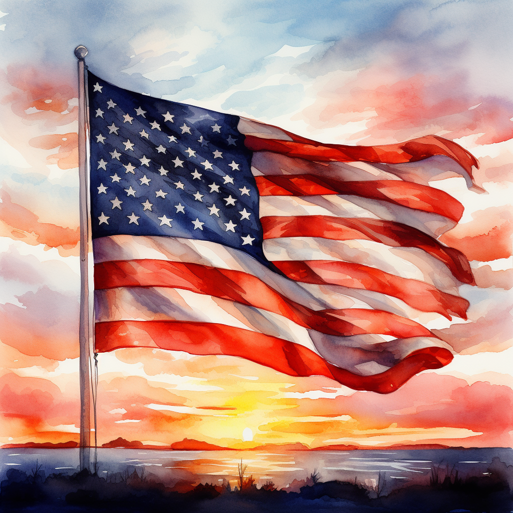 Beautiful watercolor painting of American Flag at sunset