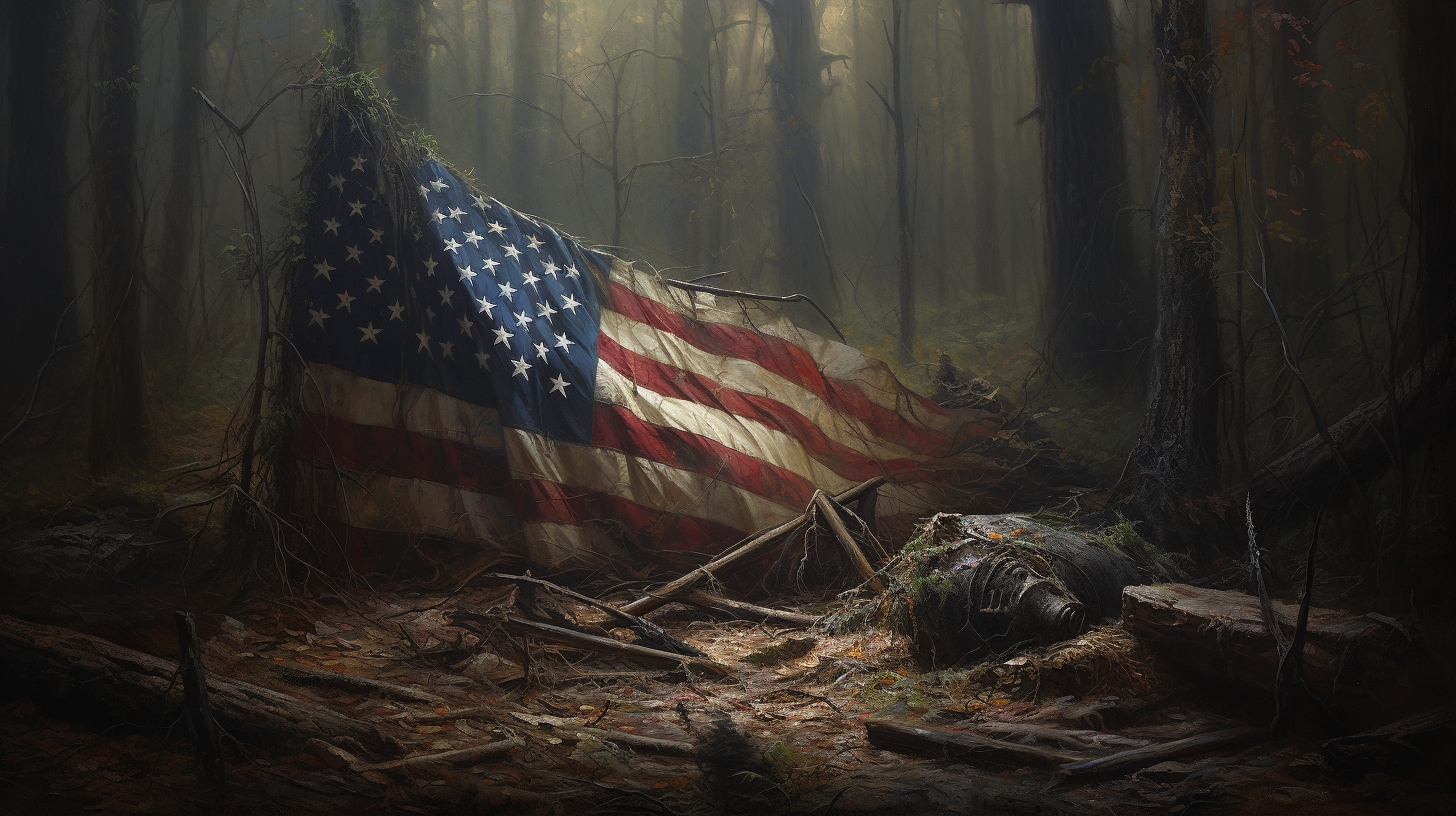 Abandoned American flag in woodland forest