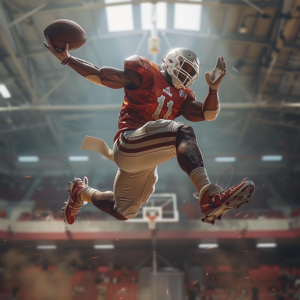 Football player dunking basketball shot