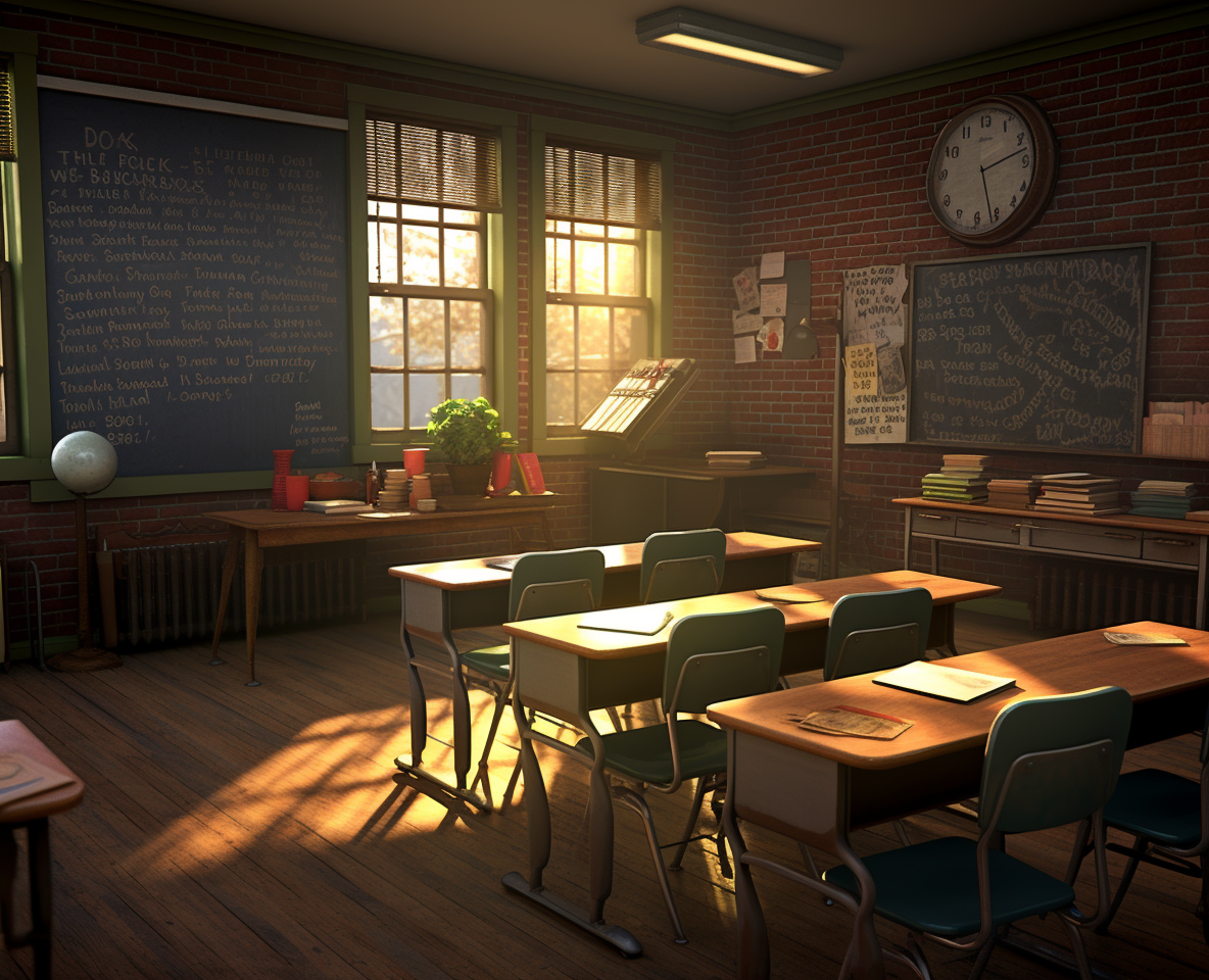 High school classroom with chalkboard and desks