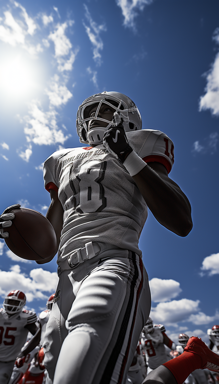 Football player in action with extreme blue skies