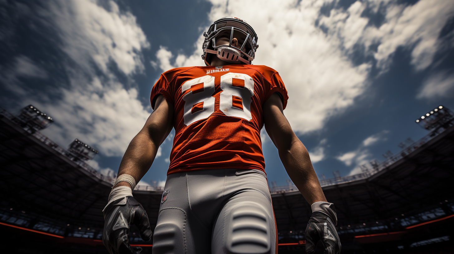 Rear view action shot of American high school football player