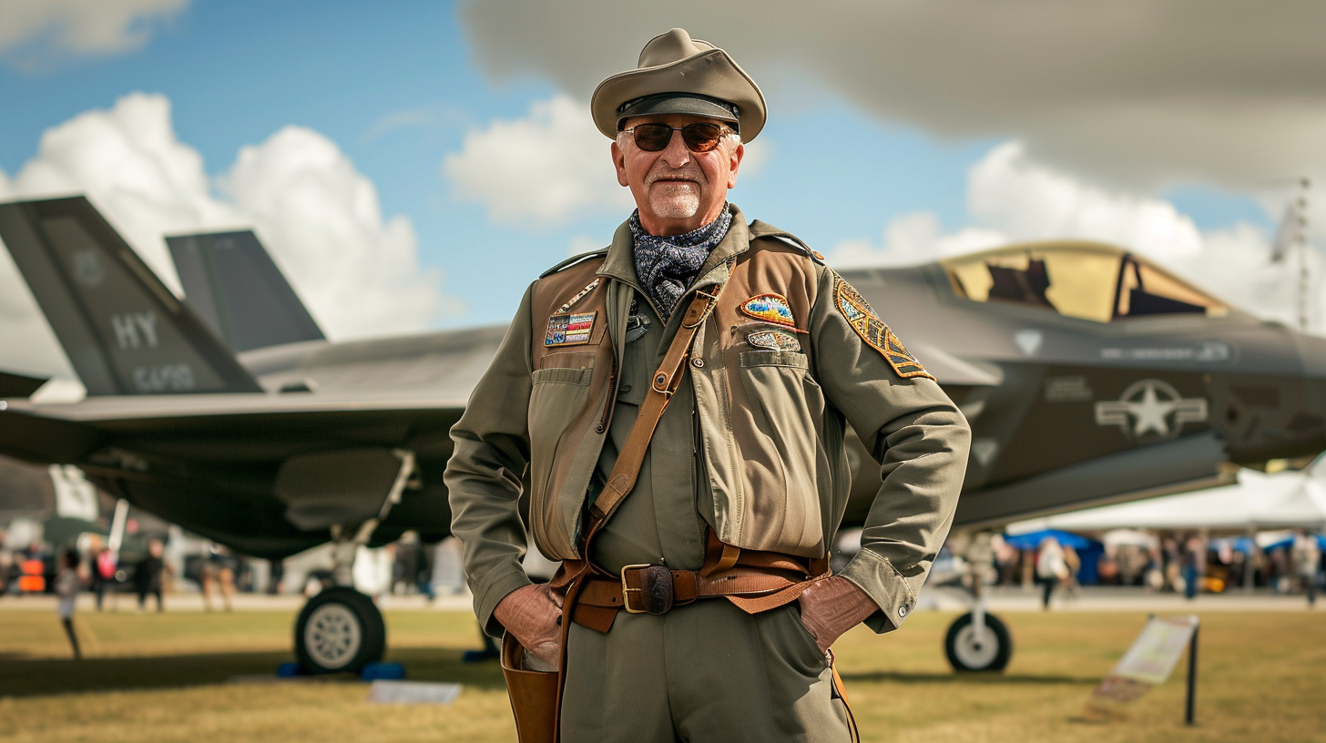 American Man in 1940s Attire with WWI Biplane and F35 Jet