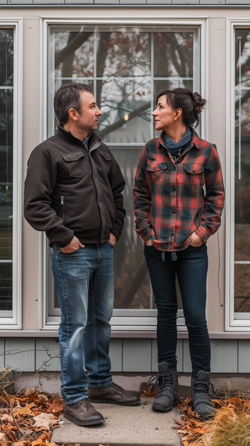 Married couple fighting in front of new energy efficient windows