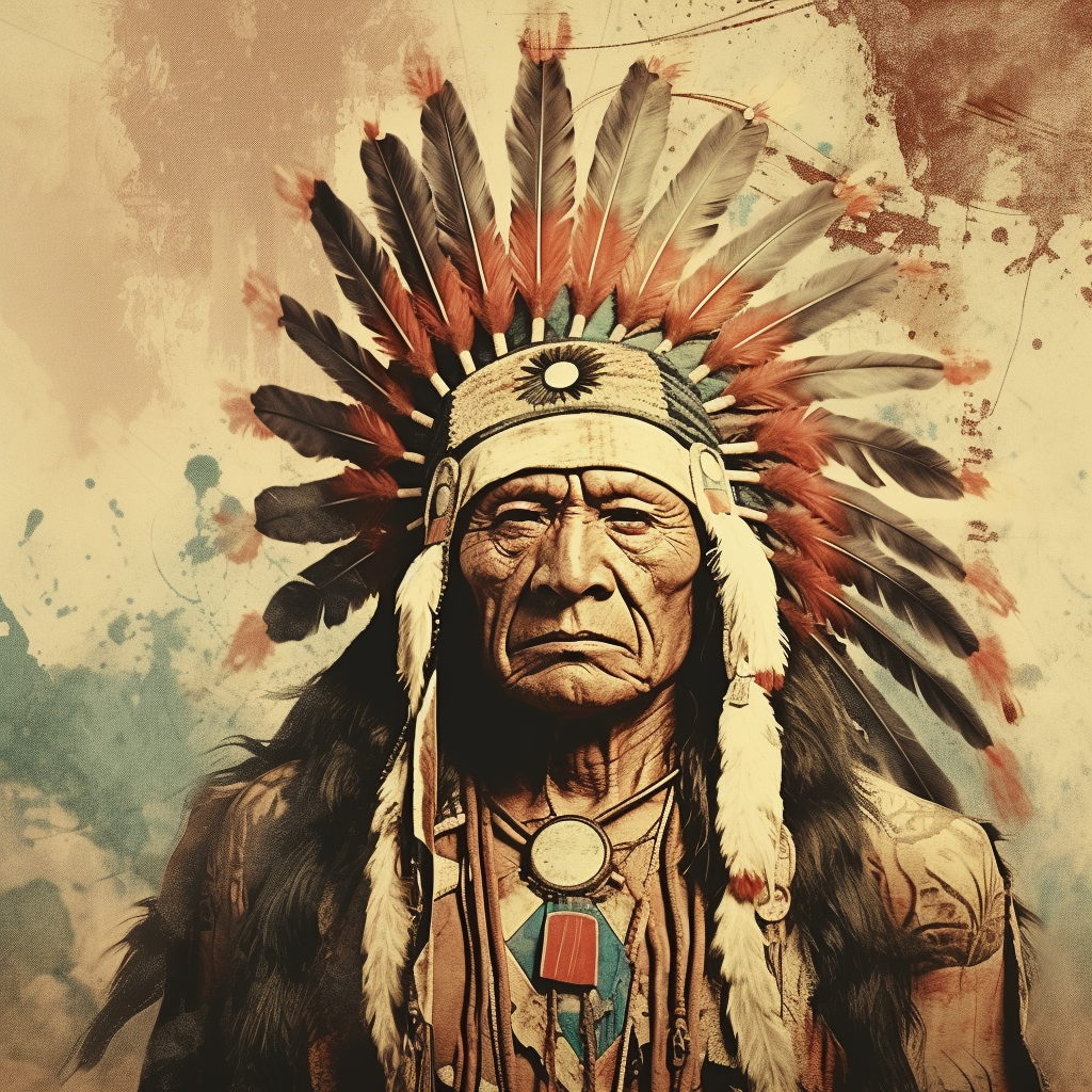 Fullbody American Native Chief on Retro Vintage Background