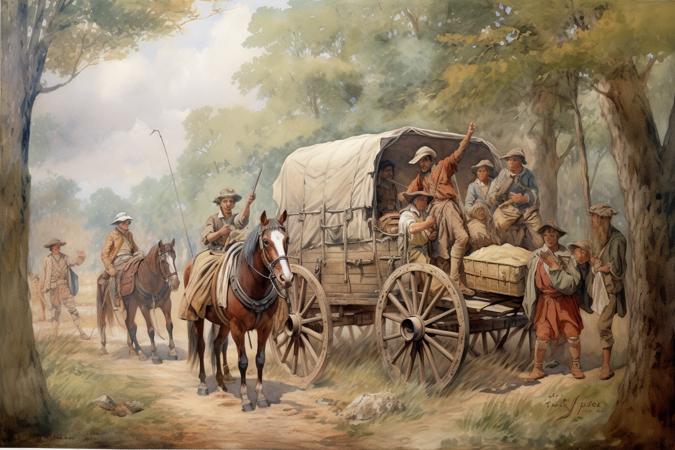 Painting of American Revolution refugees with wagons